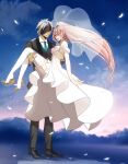  1boy 1girl :o alphen_(tales) bangs blue_eyes blush breasts bridal_gauntlets bridal_veil bride carrying couple dark-skinned_male dark_skin dress elbow_gloves formal gloves groom hair_between_eyes hetero highres long_hair mask medium_breasts open_mouth pink_hair ponytail princess_carry shionne_(tales) sidelocks silver_hair smile strapless surprised tales_of_(series) tales_of_arise tiara tusia tuxedo veil very_long_hair wedding_dress white_dress 