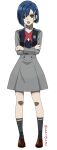  absurdres artist_name bangs blue_hair bob_cut breasts brown_footwear christina_marie_lacey crossed_arms darling_in_the_franxx dress full_body green_eyes grey_dress grey_legwear hair_ornament hair_over_one_eye hair_strand hairclip highres ichigo_(darling_in_the_franxx) loafers open_mouth red_neckwear shoes short_hair signature simple_background small_breasts standing uniform white_background 