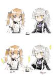  2girls absurdres bell blush brown_eyes brown_hair call_bell candy food girls_frontline grey_hair highres lollipop multiple_girls myon2 scar scar_across_eye siblings side_ponytail sisters speech_bubble surprised translation_request twintails ump45_(girls&#039;_frontline) ump9_(girls&#039;_frontline) yellow_eyes younger 