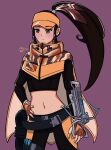  1girl black_pants black_shirt black_survival breasts brown_eyes brown_gloves brown_hair crossbow fingerless_gloves gloves hand_on_hip high_ponytail highres impossible_clothes impossible_shirt long_bangs long_hair medium_breasts midriff nadine_chandrawinata navel orange_headwear pants rope shiinazaq shirt solo tagme 