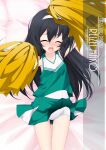  1girl artist_name bangs black_hair character_name cheerleader chestnut_mouth closed_eyes clothes_lift copyright_name cowboy_shot facing_viewer girls_und_panzer green_skirt hairband highres holding holding_pom_poms inaba_shiki long_hair looking_at_viewer lying open_mouth pleated_skirt pom_pom_(cheerleading) reizei_mako school_uniform shirt skirt skirt_lift sleeveless sleeveless_shirt solo swimsuit swimsuit_under_clothes white_hairband white_swimsuit 