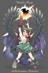  1girl arm_cannon arms_up bird_wings black_hair black_legwear bow cape character_name green_skirt hair_bow highres ksk_(semicha_keisuke) long_hair reiuji_utsuho rock shirt shoes single_shoe skirt smile space_print starry_sky_print sun third_eye touhou weapon white_shirt wings 