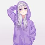  1girl arm_up blush frown hair_between_eyes hand_in_pocket highres hood hoodie looking_at_viewer original purple_hoodie silver_hair simple_background solo standing unjem upper_body violet_eyes white_background 