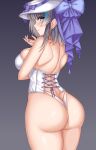  1girl absurdres ass azur_lane back bare_back bare_shoulders blue_eyes bustier cheshire_(azur_lane) cheshire_(highness_in_white)_(azur_lane) eyebrows_visible_through_hair from_behind grey_hair hat highres long_hair multicolored_hair official_alternate_costume panties purple_ribbon ribbon solo streaked_hair sun_hat thighs tufang two-tone_hair underwear white_headwear white_panties 