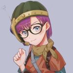  1girl blue_eyes chrono_trigger closed_mouth glasses helmet looking_at_viewer lucca_ashtear purple_hair scarf short_hair simple_background smile solo 
