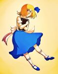  1girl alice_margatroid alice_margatroid_(pc-98) blonde_hair blue_skirt book full_body hair_ribbon highres looking_at_viewer moonywitcher ribbon shoes short_hair simple_background skirt socks solo touhou yellow_eyes 