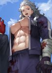  1boy 1girl abs absurdres breasts dorohedoro gloves grey_hair highres large_breasts long_hair long_sleeves looking_at_viewer muscular muscular_female navel noi_(dorohedoro) open_mouth outdoors red_eyes revision shin_(dorohedoro) smile yoshio_(55level) 