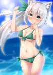  1girl animal_ear_fluff animal_ears bangs beach bikini blush bow bow_bikini breasts cat_ears clouds eyebrows_visible_through_hair gaarya green_bikini green_bow green_eyes hair_between_eyes hair_ornament hand_on_own_cheek hand_on_own_face highres hizuki_miu long_hair medium_breasts navel ocean side-tie_bikini stomach sun sunlight sweat swimsuit virtual_youtuber wactor_production wet wet_clothes wet_swimsuit 