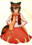  1girl animal_ears brown_eyes brown_hair futatsuiwa_mamizou glasses highres jacket leaf leaf_on_head long_scarf looking_at_viewer moonywitcher raccoon_ears raccoon_tail scarf short_hair simple_background smile solo tail touhou white_background 