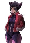  1girl 6maker adapted_costume bangs black_hair blunt_bangs bodysuit breasts bubble_blowing cabbie_hat chewing_gum cosplay eyepatch hair_horns hands_in_pockets hat highres jacket medium_breasts neon_genesis_evangelion one-eyed pins purple_bodysuit rebuild_of_evangelion red_jacket short_hair skin_tight solo souryuu_asuka_langley souryuu_asuka_langley_(cosplay) street_fighter street_fighter_v track_jacket violet_eyes white_background zipper 