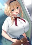  1girl bangs blonde_hair blush breasts green_eyes highres huge_breasts looking_at_viewer open_mouth original shirt sitting skirt suzuki_nene tongue train_interior white_shirt 