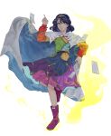  1girl absurdres bangs blue_eyes blue_hair bow cape card cloak dress from_below full_body hairband highres idkrn looking_at_viewer looking_down multicolored multicolored_clothes multicolored_dress multicolored_hairband patchwork_clothes pointing pointing_down pointing_up purple_footwear rainbow_gradient red_button short_hair sky_print solo tenkyuu_chimata touhou two-sided_cape two-sided_fabric unconnected_marketeers white_cape white_cloak 