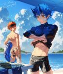  2boys abs arsh_(thestarwish) bandaid bandaid_on_cheek bandaid_on_face bandaid_on_nose bangs beach black_male_swimwear blue_eyes blue_hair blue_shirt clothes_lift clouds day headband highres holding holding_innertube holding_towel horns innertube male_focus male_swimwear multiple_boys navel open_mouth orange_eyes orange_hair original outdoors pointy_ears shirt shirt_lift short_hair sky smile summer swim_briefs thigh_bands toned toned_male towel undressing water wet wet_clothes wet_shirt 