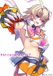  1girl :d amanohara_minori antenna_hair arcana_heart arcana_heart_3 belt blonde_hair blue_belt bow breasts brooch capelet copyright_name cowboy_shot fang gauntlets jewelry long_hair looking_at_viewer medium_breasts navel open_mouth orange_skirt pink_bow razu_(rus) revealing_clothes simple_background skirt smile solo standing twitter_username under_boob violet_eyes white_background white_capelet 
