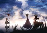  3girls absurdres agasa_(akasa_anodan) bangs black_capelet blonde_hair boots bow brown_hair capelet clouds cloudy_sky dress fedora frilled_dress frills hat hat_bow hat_ribbon high_heels highres long_hair long_sleeves maribel_hearn mob_cap multiple_girls purple_dress reflection ribbon road_sign scenery sign sky tabard touhou usami_renko white_bow white_dress wide_sleeves yakumo_yukari 