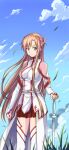  1girl asuna_(sao) blue_sky braid breasts brown_eyes brown_hair closed_mouth clouds coat detached_sleeves floating_hair french_braid hand_on_hilt hao718 highres long_hair long_sleeves medium_breasts miniskirt outdoors pleated_skirt red_skirt skirt sky sleeveless_coat smile solo standing sword sword_art_online thigh-highs very_long_hair weapon white_coat white_legwear white_sleeves 