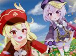  2girls :d ahoge bandaged_leg bandages bangs bead_necklace beads blonde_hair blue_sky blurry blush braid braided_ponytail brown_gloves brown_scarf cabbie_hat cape chinese_clothes clouds cloudy_sky clover_print coat commentary_request depth_of_field dodoco_(genshin_impact) eyebrows_visible_through_hair field flower flower_field genshin_impact gloves hair_between_eyes hat hat_feather hat_ornament highres holding_hands horizon jewelry jiangshi klee_(genshin_impact) long_hair long_sleeves looking_at_viewer low_ponytail low_twintails mitsuka! multiple_girls necklace ofuda open_mouth parted_lips petals pointy_ears purple_hair qing_guanmao qiqi_(genshin_impact) red_coat red_eyes red_headwear scarf sidelocks single_braid sky smile stuffed_animal stuffed_toy thigh-highs twintails v-shaped_eyebrows violet_eyes walking white_legwear zettai_ryouiki 