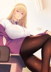  1girl blazer blonde_hair breasts button_gap chair collared_shirt desk formal highres huge_breasts jacket kaitofuuma long_hair necktie office_chair office_lady on_desk original pantyhose pencil_skirt purple_skirt shirt sitting sitting_on_desk skirt solo suit violet_eyes white_shirt 