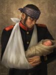  1boy ainu_clothes baby_carry bandaged_arm bandages beard black_hair buzz_cut facial_hair father_and_son golden_kamuy headband long_sideburns male_focus military military_uniform nopinzo realistic short_hair sideburns smile solo tanigaki_genjirou thick_eyebrows uniform upper_body very_short_hair 