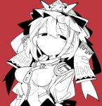  1girl breasts hair_between_eyes hat impossible_clothes impossible_shirt looking_at_viewer massakasama medium_breasts medium_hair monochrome puffy_sleeves red_background shiki_eiki shirt solo touhou upper_body zipper zipper_pull_tab 