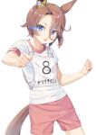  1girl animal_ears bangs blue_eyes blush brown_hair commentary_request eyebrows_visible_through_hair gym_shirt gym_shorts gym_uniform hair_between_eyes horse_ears horse_girl horse_tail looking_at_viewer miri_(ago550421) narita_taishin_(umamusume) open_mouth parted_bangs puffy_short_sleeves puffy_sleeves red_shorts shirt short_shorts short_sleeves shorts signature simple_background solo tail translation_request umamusume white_background white_shirt 