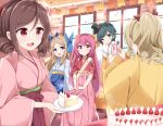  5girls acchii_(akina) asakaze_(kancolle) bangs black_hair blonde_hair blue_bow blue_eyes blue_hakama bow brown_hair cake cake_slice cellphone drill_hair food forehead green_eyes hair_bow hair_ribbon hakama hakama_skirt haori harukaze_(kancolle) hat hatakaze_(kancolle) highres holding holding_phone holding_plate japanese_clothes kamikaze_(kancolle) kantai_collection kimono light_brown_hair long_hair matsukaze_(kancolle) meiji_schoolgirl_uniform mini_hat mini_top_hat multiple_girls one_eye_closed parted_bangs phone pink_hakama pink_kimono plate ponytail purple_hair red_bow red_eyes red_hakama red_kimono red_ribbon ribbon short_hair sidelocks skirt smartphone top_hat twin_drills violet_eyes wavy_hair white_kimono yellow_bow 