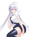  1girl ahoge black_legwear closed_mouth collared_shirt copyright_request grey_hair highres long_hair looking_at_viewer miniskirt necktie pleated_skirt red_eyes shirt short_sleeves simple_background siun skirt solo standing standing_on_one_leg thigh-highs twintails white_background white_shirt wing_collar 