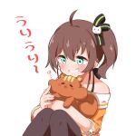  1girl =_= ahoge animal bangs black_legwear black_ribbon blue_eyes blush brown_hair cat_hair_ornament check_commentary commentary_request finger_to_another&#039;s_cheek grin hair_between_eyes hair_ornament hair_ribbon halterneck holding holding_animal hololive jacket knees_to_chest looking_down matsurisu medium_hair natsuiro_matsuri off-shoulder_jacket off_shoulder open_mouth orange_jacket pantyhose ribbon short_sleeves side_ponytail simple_background smile solo_focus spaghetti_strap translation_request virtual_youtuber white_background yugudora 