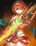  1girl aegis_sword_(xenoblade) bangs black_gloves breasts chest_jewel earrings fingerless_gloves gloves highres jewelry large_breasts mutomorokoshi pyra_(xenoblade) red_eyes red_legwear red_shorts redhead short_hair short_shorts shorts solo swept_bangs sword thigh-highs tiara weapon xenoblade_chronicles_(series) xenoblade_chronicles_2 