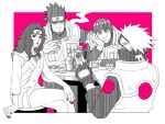  1girl 3boys black_hair bowl_cut crossed_legs curly_hair drinking drinking_glass fingerless_gloves hatake_kakashi headband mask might_guy monochrome naruto naruto_(series) sarutobi_asuma sitting smoking spiked_hair tablet vest yuuhi_kurenai 