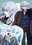 1boy ascot bangs black_pants blue_border blue_coat border breath clenched_teeth closed_mouth coat coat_on_shoulders cropped_shoulders fangs feet_out_of_frame frost fur_coat gloves grey_background grey_hair ice icicle kiya_hajime long_sleeves looking_at_viewer male_focus medium_hair multiple_views open_clothes open_coat open_mouth outstretched_arm pants parted_lips red_eyes sash sidelocks teeth tongue tsukihime tsukihime_(remake) tsurime upper_body vlov_arkhangel white_gloves white_neckwear wide-eyed winter_clothes winter_coat 