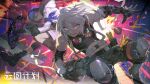 2boys abs action asymmetrical_gloves bandaged_arm bandages belt black_gloves black_shirt blue_eyes blue_hair bomb boots chinese_commentary coat commentary_request copyright_name crossbow explosive fingerless_gloves fur-trimmed_coat fur_trim girls&#039;_frontline_neural_cloud girls_frontline gloves goggles goggles_around_neck grenade headset highres hood hood_down hooded_coat knee_pads male_focus midriff mismatched_gloves multiple_boys octogen_(girls&#039;_frontline_nc) open_mouth pants red_eyes screwdriver shirt shishio short_hair shorts simo_(girls&#039;_frontline_nc) sleeveless sleeveless_shirt smile snowboard white_coat white_hair 