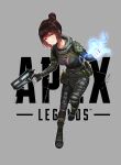  1girl absurdres apex_legends artpatient b3_wingman bangs belt black_scarf bodysuit breasts brown_hair cosplay english_commentary gradient_hair gun hair_bun highres holding holding_gun holding_weapon hololive medium_breasts multicolored_hair roboco-san scarf solo utility_belt virtual_youtuber weapon wraith_(apex_legends) wraith_(apex_legends)_(cosplay) yellow_eyes 