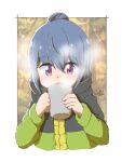  1girl absurdres bangs blue_hair commentary_request cropped_torso cup eyebrows_visible_through_hair eyes_visible_through_hair framed hair_between_eyes hair_bun highres holding holding_cup jacket kona_kuzu mug multicolored multicolored_clothes multicolored_jacket shadow shima_rin signature solo two-tone_jacket violet_eyes yurucamp 