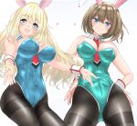  2girls absurdres adapted_costume alternate_costume animal_ears atago_(kancolle) between_breasts black_legwear blonde_hair blue_eyes blue_leotard blush bow bowtie breasts brown_hair commentary_request covered_navel detached_collar eyebrows_visible_through_hair fake_animal_ears from_below gradient gradient_background green_eyes green_leotard grey_background hair_between_eyes hair_ornament hairclip hands_on_hips highres kantai_collection large_breasts leotard long_hair looking_at_viewer looking_down maya_(kancolle) multiple_girls necktie nitamako_(sakamalh) pantyhose playboy_bunny rabbit_ears red_neckwear short_hair smile strapless strapless_leotard thighband_pantyhose wrist_cuffs x_hair_ornament 