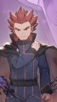  1boy belt black_belt black_cloak clenched_hand cloak closed_mouth commentary_request hand_up highres jacket lance_(pokemon) long_sleeves looking_at_viewer male_focus odd_(hin_yari) pants pokemon pokemon_(game) pokemon_hgss red_eyes redhead smile solo_focus spiky_hair 
