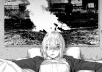  1girl cigarette crack cracked_wall eyebrows_visible_through_hair eyes_visible_through_hair fire greyscale hatching_(texture) highres katsuoboshi looking_at_viewer lying medium_hair monochrome mouth_hold on_back original parted_lips photo_(object) picture_frame pillow smoke smoking solo 
