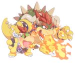  2boys armlet bowser bowser_jr. bracelet breathing_fire fang father_and_son fire horns jewelry multiple_boys omochi_(glassheart_0u0) open_mouth ponytail red_eyes redhead sharp_teeth shell short_hair simple_background size_difference spiked_armlet spiked_bracelet spiked_tail spikes super_mario_3d_world super_mario_bros. tail teeth transparent_background white_background 