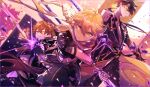  3boys aether_(genshin_impact) ahoge aiming aiming_at_viewer ayano_(katou) bangs black_gloves black_hair blonde_hair blue_eyes bow_(weapon) braid brown_hair closed_mouth earrings genshin_impact gloves gradient_hair hair_between_eyes hair_over_one_eye holding holding_bow_(weapon) holding_sword holding_weapon jacket jewelry long_hair long_sleeves looking_at_viewer male_focus multicolored_hair multiple_boys one_eye_closed orange_eyes orange_hair pants polearm ponytail short_sleeves single_braid single_earring spear sword tartaglia_(genshin_impact) weapon yellow_eyes zhongli_(genshin_impact) 