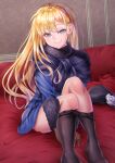  1girl black_headwear blonde_hair blue_coat blue_jacket brown_gloves clothes_pull coat commentary_request donkikong_(pixiv17278003) fate/grand_order fate_(series) fur-trimmed_coat fur_trim gloves hat hat_removed headwear_removed highres jacket long_hair looking_at_viewer lord_el-melloi_ii_case_files pantyhose pantyhose_pull reines_el-melloi_archisorte sitting smile solo undressing 