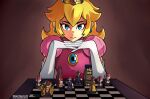  1girl absurdres actor_connection anya_taylor-joy artist_name bangs blonde_hair bottle bowser chessboard dress earrings fire_flower gloves hair_behind_ear highres jewelry long_hair looking_at_viewer luigi mag_(magdraws) mario mushroom parody pink_dress princess_daisy princess_peach solo starman_(mario) super_mario_bros. super_mario_bros._(2022_film) the_queen&#039;s_gambit toad_(mario) white_gloves 