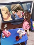  3girls bocha_(gotipoke) bottle brown_hair collarbone controller crying cup dress game_controller gamepad holding idolmaster idolmaster_cinderella_girls indoors looking_at_another matsunaga_ryou meme mug multiple_girls one_side_up parody pink_dress profile shibuya_rin shimamura_uzuki tears television tissue wavy_hair wiping_tears younger 