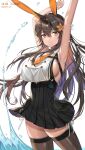  1girl absurdres animal_ears armpits arms_up azur_lane bare_arms bare_shoulders black_dress black_hair braid breasts brown_legwear chikuma_(azur_lane) colored_inner_hair dress flower hair_flower hair_ornament highres jaeyun large_breasts long_hair looking_at_viewer mole mole_under_mouth multicolored_hair necktie orange_eyes pleated_dress rabbit_ears short_necktie side-tie_peek sideboob simple_background sleeveless sleeveless_dress smile solo thigh-highs very_long_hair water white_background wing_collar zettai_ryouiki 