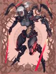  1girl android breasts brown_background dairoku_ryouhei full_body glowing grey_hair head_mounted_display hetza_(hellshock) holding holding_weapon large_breasts long_hair mechanical mechanical_arms mechanical_legs ponytail red_background sharp_teeth smile solo spine standing sword teeth weapon 