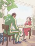  1boy 1girl alternate_costume ass black_hair blush breasts buzz_cut coffee_mug contemporary cup elbow_rest full_body golden_kamuy green_jacket green_pants hetero inkarmat jacket jersey long_sideburns mug nopinzo pants plant shoes short_hair sideburns sitting sneakers tanigaki_genjirou very_short_hair 