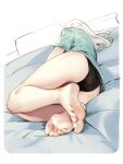  1girl ass asutora asutora-chan bare_legs barefoot bed_sheet black_panties commentary feet full_body green_shirt long_hair lying no_pants on_bed on_side original panties pillow shirt short_sleeves sleeping soles solo toes underwear white_hair 