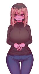  1girl @_@ black_shirt blush breasts cropped_legs denim eyebrows eyebrows_visible_through_hair hands_together highres holding_hands jeans kinjo_no_hito_no_nakimushi large_breasts looking_at_viewer multicolored_hair ochiai_(kinjo_no_hito_no_nakimushi) pants shirt two-tone_hair zyugoya 