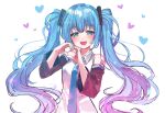  1girl :d bangs black_sleeves blue_eyes blue_hair blue_neckwear blush collared_shirt detached_sleeves eyebrows_visible_through_hair floating_hair gradient_hair hair_between_eyes hair_ornament hatsune_miku heart heart_hands long_hair long_sleeves multicolored_hair necktie open_mouth pink_hair shiny shiny_hair shirt sleeveless sleeveless_shirt smile solo taru_7252 twintails upper_body very_long_hair vocaloid white_background white_shirt wing_collar 