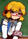  1girl 221_(tsutsuichi) alternate_costume armband bangs bespectacled blonde_hair blush closed_mouth commentary_request contemporary glasses green_eyes hair_ornament hairpin long_sleeves looking_at_viewer mizuhashi_parsee rectangular_eyewear red-framed_eyewear shirt short_hair solo touhou upper_body white_shirt 
