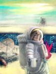  1girl apollo_lunar_module astronaut brown_hair cup giving glasses gloves green_eyes highres holding kagawa_ichigo looking_at_viewer original smile solo space_craft space_helmet spacesuit 